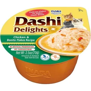 Pamlsek pro kočku Inaba Dashi Delights kuře a vločky z tuňáka 70g