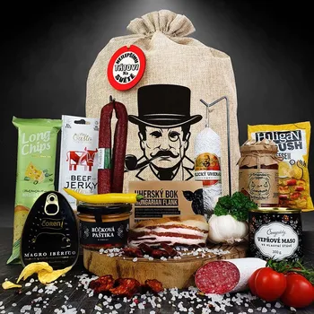 Dárkový potravinový koš Persi - Dárkový koš XL v pytli pro chlapa, muže dospělé k vánocům, Pytel s visačkou