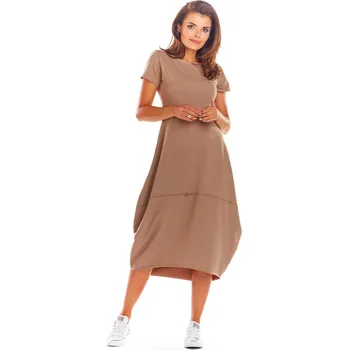 Dámské šaty Přiléhavé pletené šaty, rozšířené dolů M213 Barva: Béžová, Velikost: L/XL