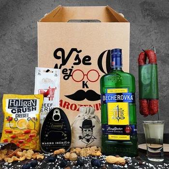 Dárkový potravinový koš Dárkové balení s becherovkou pro muže | Dárkový koš s Becherovkou v dárkové krabici