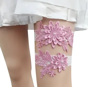 B-TOP Sada svatebních podvazků s květy - růžová