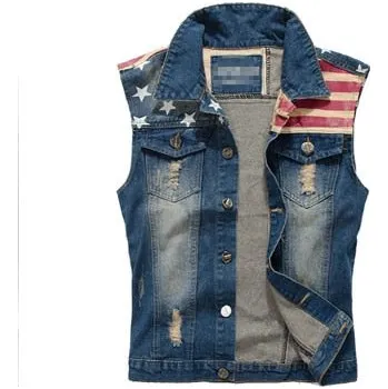 Pánská vesta Kovbojská pánská vesta džínová retro s vlajkou USA Barva: Džínová, Velikost: 5XL