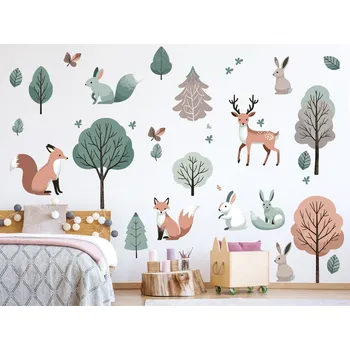 Samolepící dekorace Zvířátka a barevné stromy dětské samolepky na zeď arch 47 x 27 cm