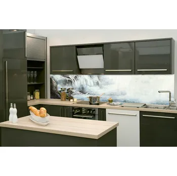 Fototapeta DIMEX | Fototapeta do kuchyně Malba vodopádu KI-260-190 | 260 x 60 cm | bílá, šedá, modrá + Samolepicí fototapeta za kuchyňskou linku DIMEX Malba vodopádu v šíři 260 cm