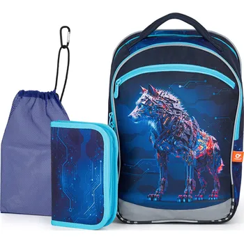 Školní batoh Topgal školní set COCO 24016 B MEDIUM – školní batoh s penálem a pytlíkem na přezůvky, motiv vlka, pro 1.–4. třídu ZŠ