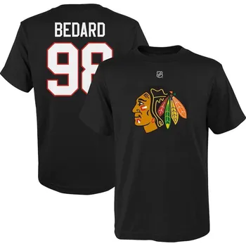 Chlapecké tričko Outerstuff Dětské tričko Connor Bedard #98 Chicago Blackhawks NHL Player Name & Number Black Velikost: Dětské M (10 - 12 let)
