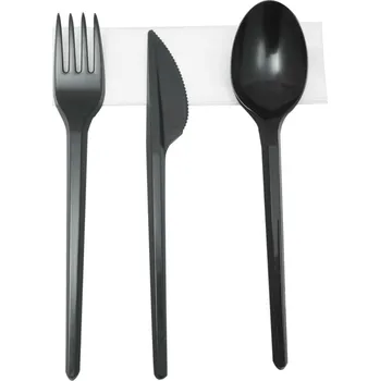 Jednorázové nádobí Set plastových příborů, černý nůž, vidlička, lžíce, ubrousek