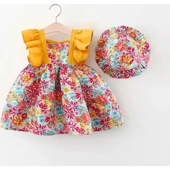 Dívčí šaty Dívčí letní šaty (společenské) s květinovým potiskem a kloboučkem Barva: Červená, Velikost: 110/2-3 roky