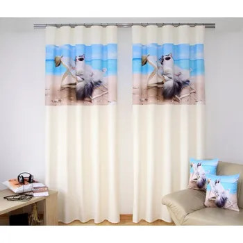 Závěs Dětský krémový závěs s motivem kočky na lehátku Šířka: 160 cm | Délka: 250 cm (v sadě jsou 2 kusy)