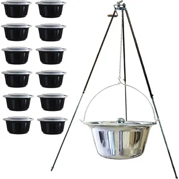 Kempingové nádobí Nerezový kotlík 20 L (1,2 mm) + teleskopická trojnožka s pojistnou kladkou + nerezová poklice + misky 12 ks