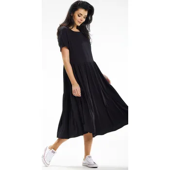 Dámské šaty Volné midi šaty s krátkým rukávem a lodičkovým výstřihem A639 Barva: Černá, Velikost: M