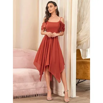 Dámské šaty Elegantní svatební šaty midi na ramínka s volánky - M Barva: Oranžová, Velikost: M