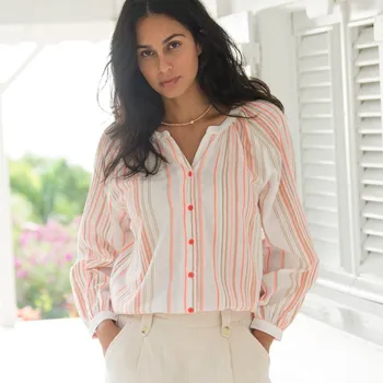Dámská košile Košile s proužky a tuniským výstřihem režná/korálová 46