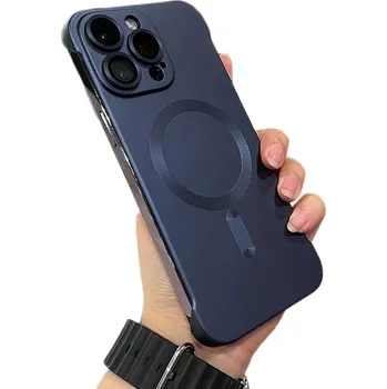 Pouzdro na mobilní telefon Ultratenký bezrámečkový metalický kryt Magsafe se sklem na fotoaparát pro iPhone 15 Plus Barva: Tmavě modrá