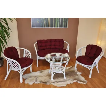 Zahradní sestava Nábytek PEGAS Ratanová sedací souprava Bahama velká bílá, polstr vínový