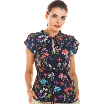 Dámská halenka Halenka z jemné látky s květinovým vzorem M194 Barva: Tmavě Modrá, Velikost: S