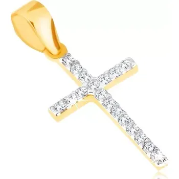Přívěsek Přívěsek ve žlutém 14K zlatě - tenký třpytivý latinský kříž, čiré zirkony