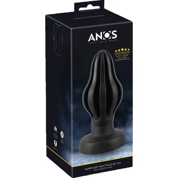 Dildo ANOS - měkký anální plug s drážkami - 7 cm (černý)