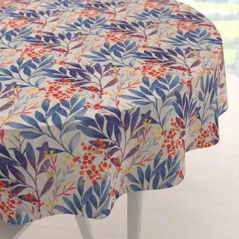 ubrus Dekorační kulatý ubrus PML-067 Modré listy na krémovém Ø 100 cm