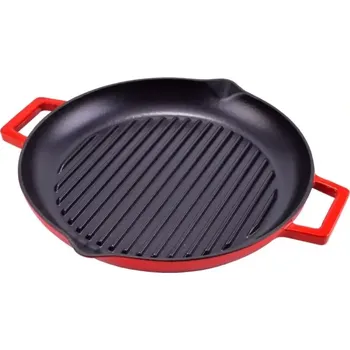 Smaltovaná litinová Grilovací pánev 31cm s výlevkami červená (červeně smaltované litinová pánev s výlevkami)