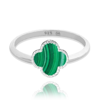 Prsten 2353 MINET Stříbrný prsten čtyřlístek se zeleným malachitem Velikost: 56, Váha: 2