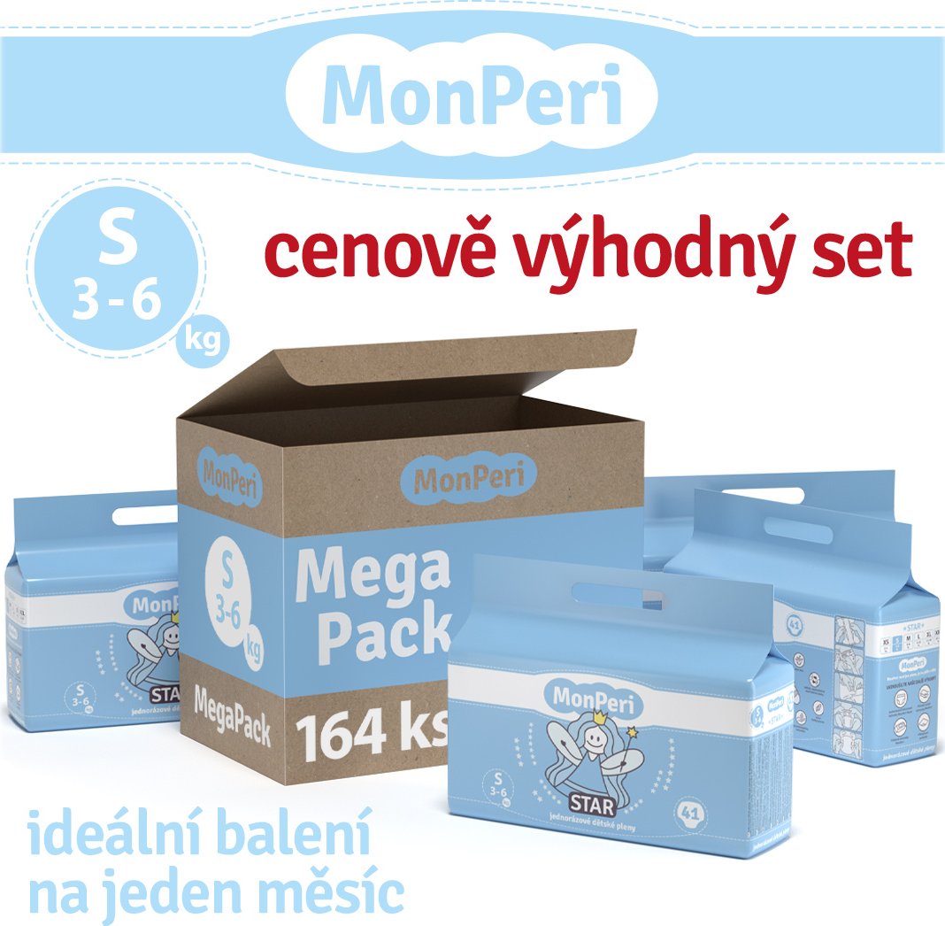 Mega pack MonPeri STAR S 3-6kg - 164ks hypoalergenní jednorázové dětské pleny vel. 2