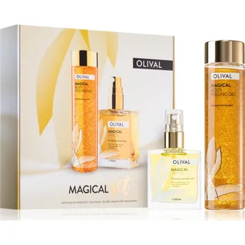 Kosmetická sada Olival Magical peelingový čisticí gel 200 ml + multifunkční suchý olej se třpytkami na tvář, tělo a vlasy 50 ml kosmetická sada
