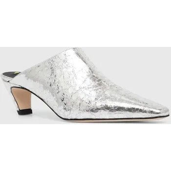 Dámské pantofle Kožené pantofle MSGM dámské, stříbrná barva, na malém podpatku, 3741MDS716 905 3741MDS716.905.90 SLV, EUR 38