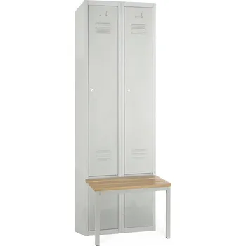 Šatní skříň Kovová šatní skříňka s lavičkou, 60 x 85 x 185 cm, sokl, cylindrický zámek, šedá - RAL 7035