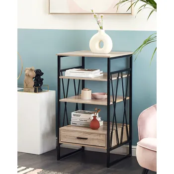 Knihovna Regál barva světlého dřeva černá kovová konstrukce 3 police 1 zásuvka nábytek do domácí kanceláře moderní styl Beliani