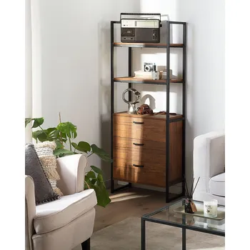 Knihovna Polička na knihy Tmavé dřevo barva MDF deska Práškově lakovaná ocel 158 x 61 x 32 cm Retro 3 zásuvky Spousta úložného prostoru Obývací pokoj Beliani