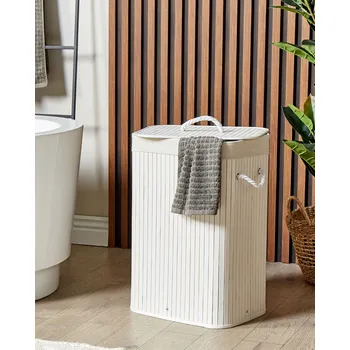 Koš na prádlo Úložný koš bílý bambusové dřevo s víkem koš na prádlo boho doplňky do domácnosti Beliani