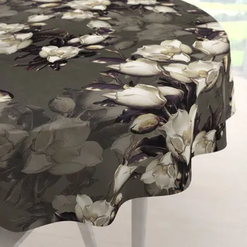 ubrus Sametový kulatý ubrus Tamara TMR-034 Květy gardénie na hnědošedém Ø 50 cm