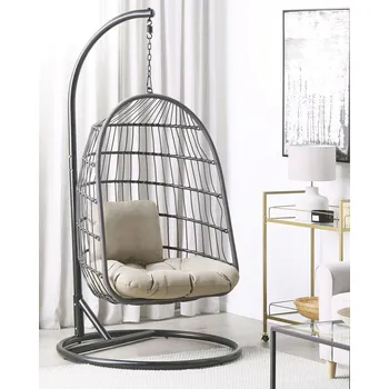 Křeslo Závěsné křeslo s kovovým stojanem černé 102 cm s výpletem s podsedákem přírodní terasa balkon obývací pokoj boho rustikální moderní styl Beliani