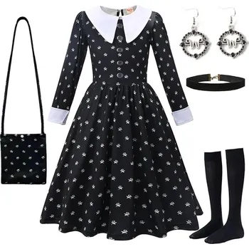 Karnevalový kostým Dětské šaty (kostým) s dlouhým rukávem Wednesday Addams + doplňky Barva: set H, Velikost: 120