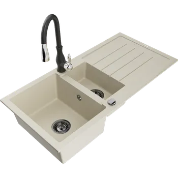 Granitový dřez Mexen Andres granitový dřez 1,5-komorový s odkapávačem a kuchyňskou baterií Savita, béžový - 6515-69-672601-70 Granitové dřezy s baterií