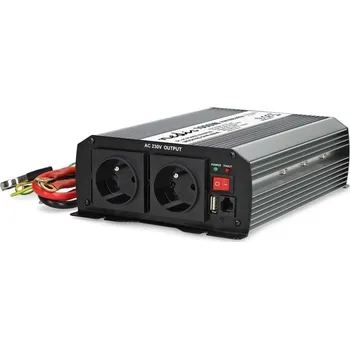 Měnič napětí Nedis PIM100024EGY Měnič napětí, 24V, 230V, 1000W, 2× zásuvka typ E, USB, modifikovaný sinus, hliníkové tělo, stříbrno-černý PIM100024EGY