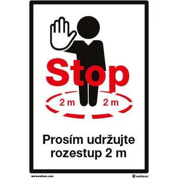 Walteco Samolepka "STOP - prosím udržujte rozestup 2 m", 210 × 297 mm, formát A4 Množství: 5 ks