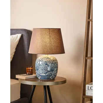 Lampička Stolní lampa hnědá a modrá porcelánová základna lněné stínidlo 46 cm moderní styl obývací pokoj ložnice Beliani