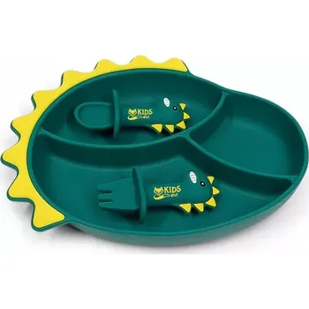 Talíř Silikonová přísavka BLW talířek pro dítě DINOZAUR a příbor - zelený