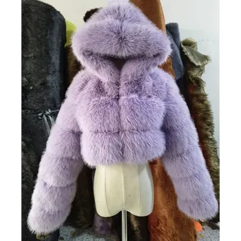 Dámský kožich Dámský crop kožich s kapucí Barva: Levandulová, Velikost: 7XL