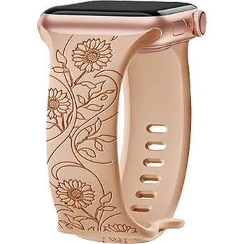 Příslušenství k chytrým hodinkám Řemínek gravírované květiny pro Apple Watch 38/40/41/42(S10)mm Barva: Slunečnice - béžová