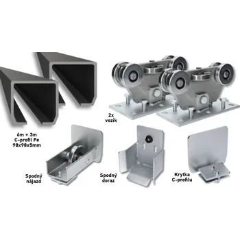 Pohon brány Sada 98x98x5 pro výrobu samonosných posuvných bran do šířky průjezdu 6,5 m Fe, 5 válečkových vozíků