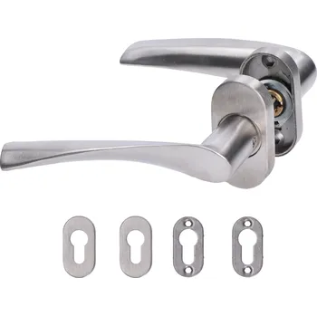 dveřní klika včetně dolní rozety EB1-KOR01 - nerezová klika na dveře, balení: 2 ks klika + 2 ks dolní rozeta, příslušenství k montáži, broušená nerez K320/AISI304, vhodné i do venkovního prostředí