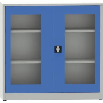 Policová skříň Kovona Svařovaná policová skříň s prosklenými dveřmi, 1150 x 1200 x 600 mm, šedá/modrá