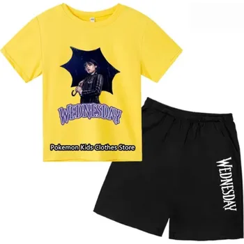 Wednesday Addams Dětský letní set - tričko + černé kraťasy s motivem "Wednesday Addams " Barva: Černé kraťasy + žluté tričko (4), Velikost: 120
