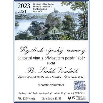 Víno Ryzlink rýnský, červený 2023, pozdní sběr, Vinařství Vondrák Mělník, suché