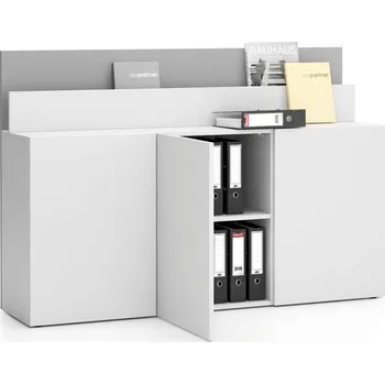 Policová skříň PLAN Kancelářská přístavná skříňka ke stolu LAYERS, dlouhá, bílá / šedá