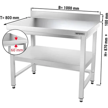 Jídelní stůl G.Gastro Nerezový pracovní stůl PREMIUM - 1,0 m - se spodní policí, obkladovým panelem & výztuhou