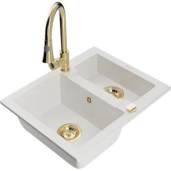 Granitový dřez Mexen Carlos granitový dřez 1,5-komorový s kuchyňskou baterií Elia, bílý - 6518-20-670101-50 Granitové dřezy s baterií